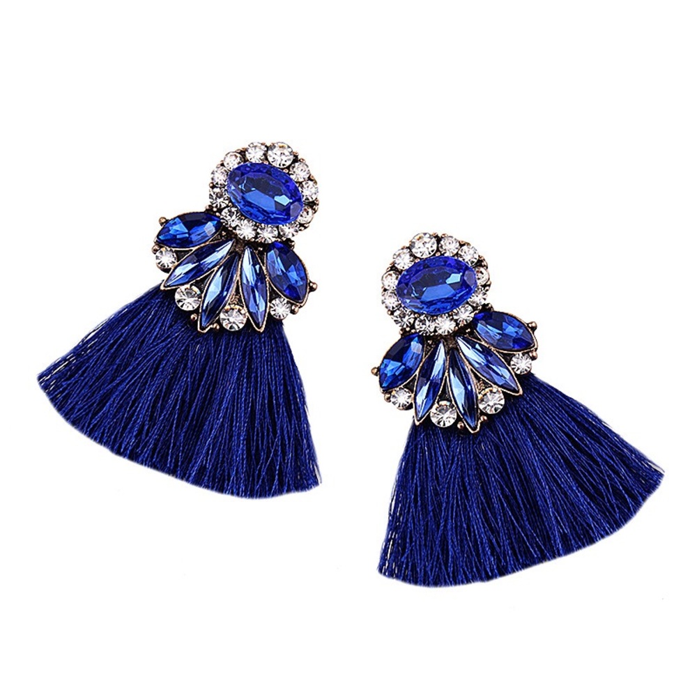 Rhinestone and Tassel Fringe Earrings - Navy